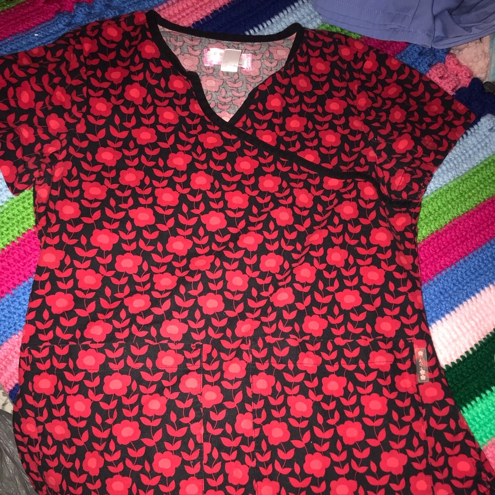 Red floral scrub top